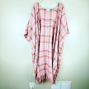 MISH Bouclé Plaid Fringe Poncho Ruana Long Line M/L Blush Pink